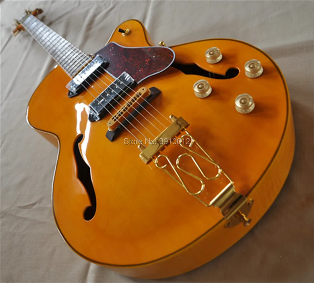 

Factory custom side back tiger pattern L-5 Jazz Guitar yellow paint P90 Pickups