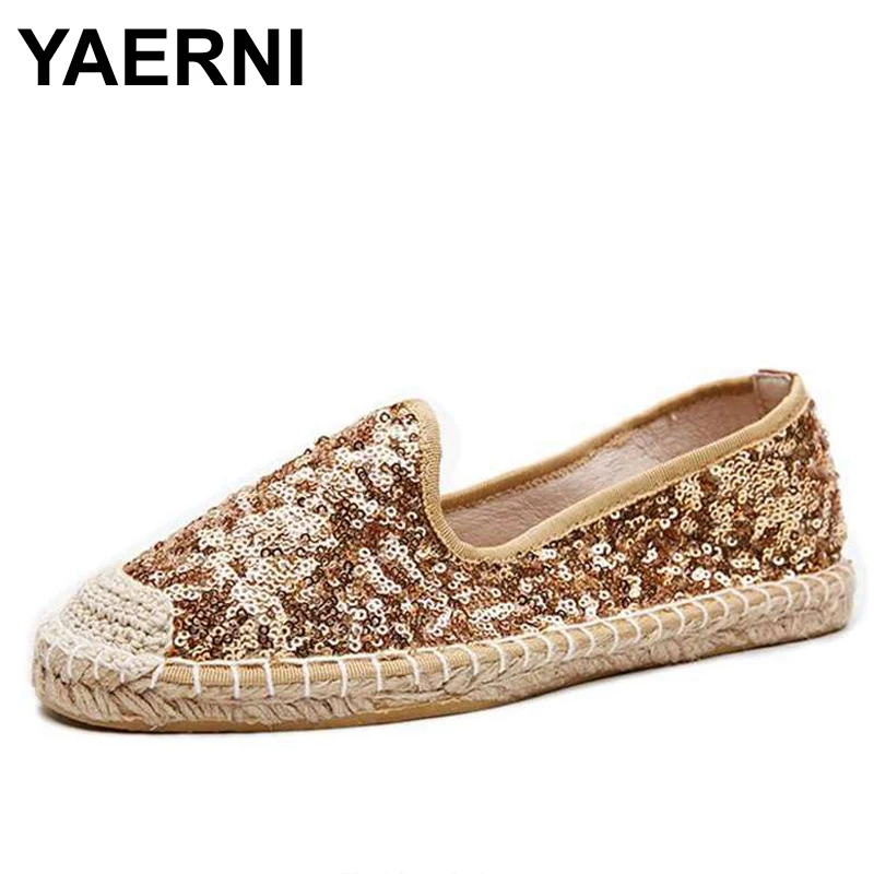 

YAERNI Glitter women espadrilles ballerina flats shoes hemp lazy fisherman ballet flats ladies casual footwear sapato chaussure