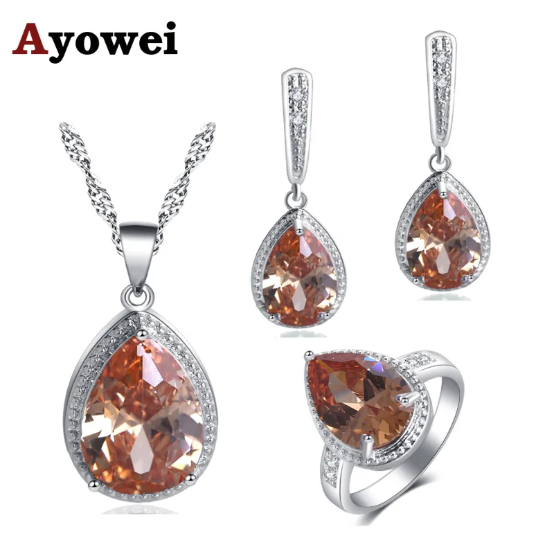 

Ayowei Champagne Zircon For Women Office Style Set Drops Design Silver Earring Necklace Ring Jewelry Set JS740A