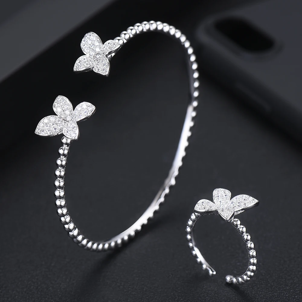 GODKI Luxury 3 Tone Flower Bangle Ring Sets Fashion Dubai Silver Bridal Jewelry Sets For Women Wedding brincos para as mulheres