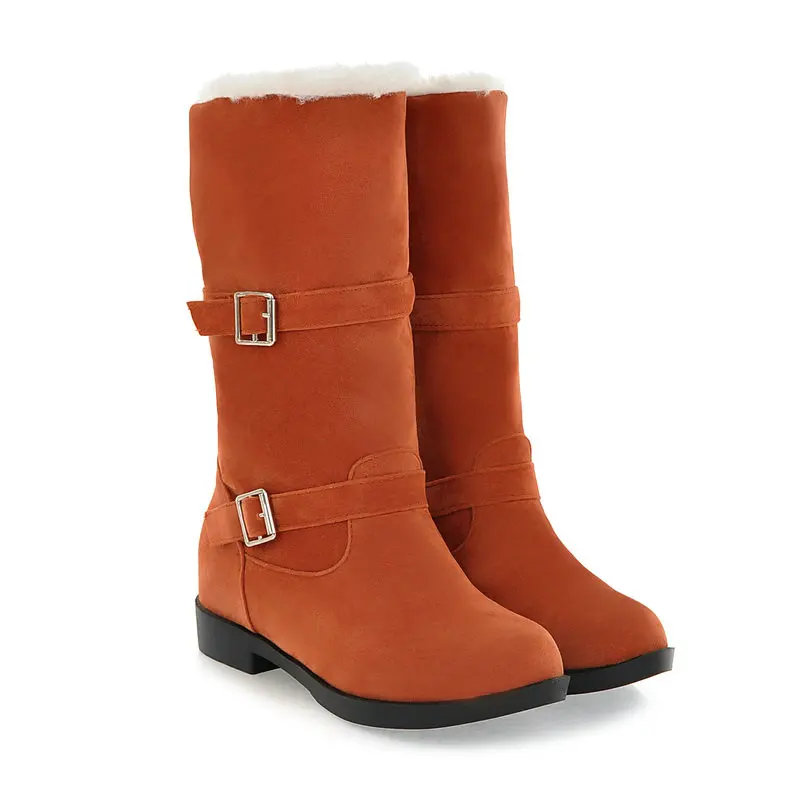 QUTAA Scrub Fashion Round Toe Casual Mid Calf Boots Buckle Comfort Low Heel Winter Warm Fur Orange Women Shoes Size 34-40