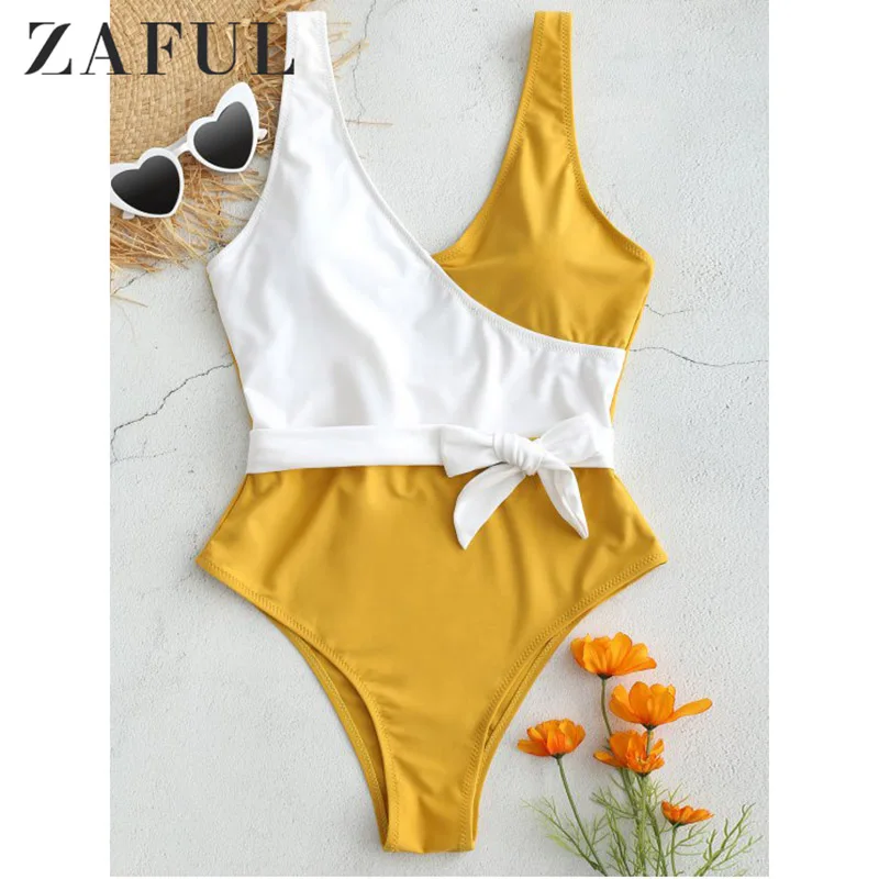 

ZAFUL Backless One Piece Two Tone Swimsuit Women Patchwork High Waist One Piece Swimwear Low Back High Cut Swimsuit Bathing Suit