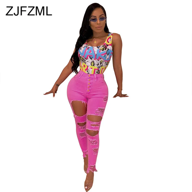

High Waist Ripped Jeans For Women Summer Buttons Up Hollow Out Plus Size Pencil Trouser Streetwear Neon Push Up Club Party Pant