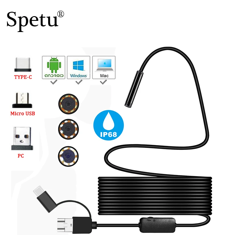 

Spetu HD 1200P 3in1 USB Android Endoscope Camera Inspection Waterproof Borescope 8MM Lens 8 Led lights PC Borescope Snake Camera