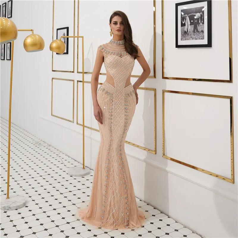 Fashion New Style High Neck Heavy Major Beaded Sexy Sheer Waist Mermaid Long Luxurious Evening Dresses Real Photo - Цвет: same as photo