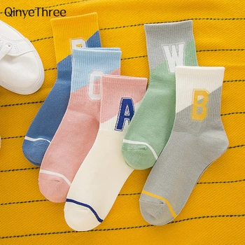 

New fashion girl's cotton stitching color letter with stripe pattern casual socks harajuku cute calcetines hipster tube sock