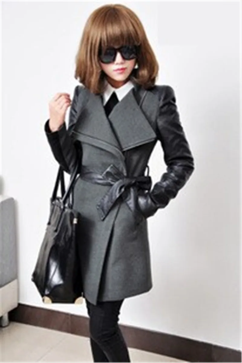 Зимнее женское Шерстяное Пальто из кусков, Женская куртка из искусственной кожи с длинным рукавом, ветровка, шерстяная куртка большого размера - Цвет: Темно-серый