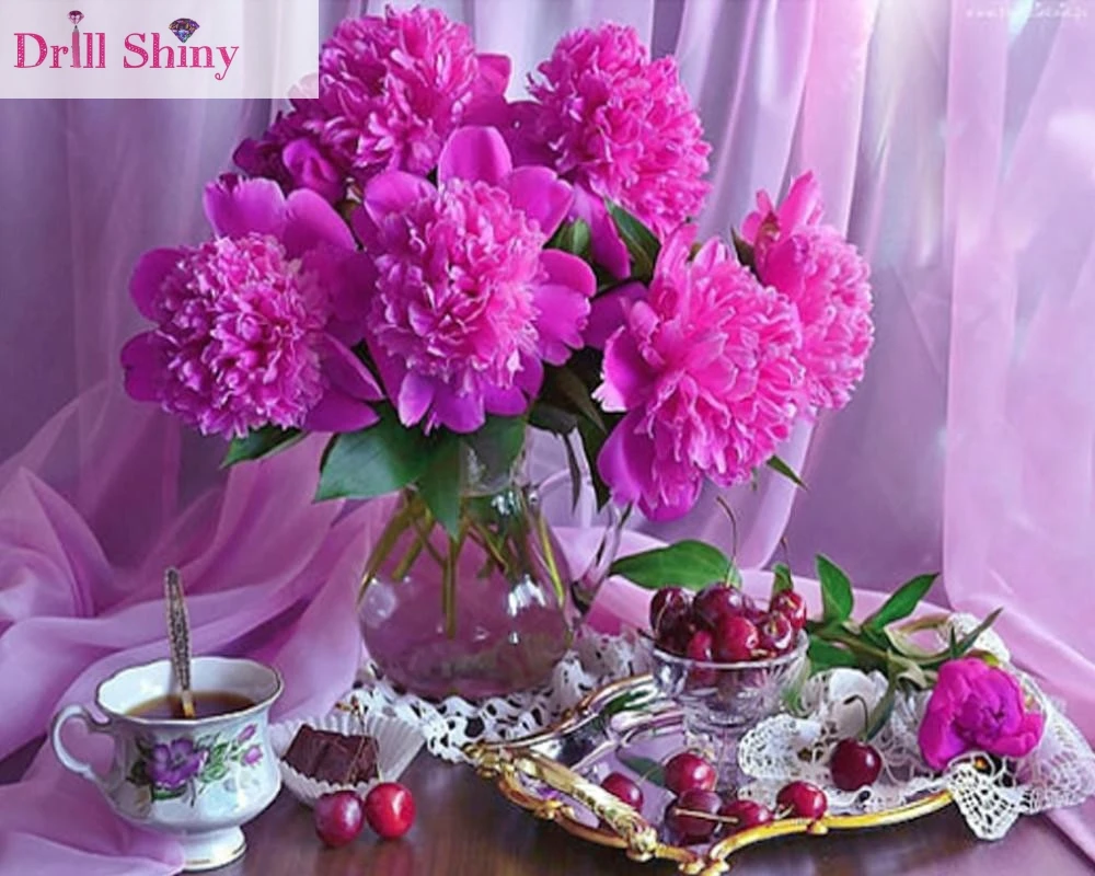 

CNA 5D Diy Diamond Painting Full Mosaic Hand Printed Flowers Purple Peony Embroidery Paintings Cross Stitch Kit Room Decor