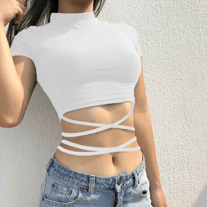 

YYXZ Summer Western Style Fashion Cute Slim Lace-up Short Sleeve Lady Tee SML 4 Colors Woman Casual T-Shirt 2019 Crop Top
