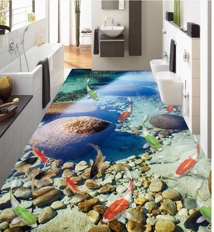 Floor wallpaper murals wall 3D natural water nine fish floor 3D PVC floor wallpaper Home Decoration