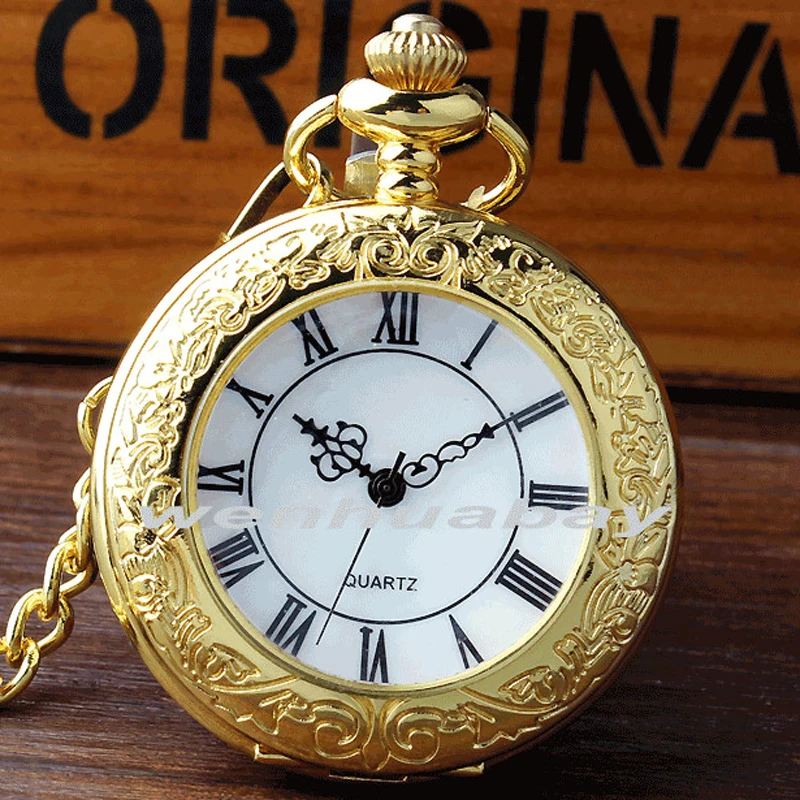 New Classic Gold Magnifying Glass Open Face Quartz Pocket Watch with