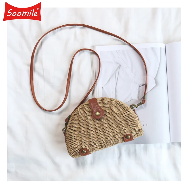 Soomile соломы один сумка женская наклонной мешок леди Винтаж Crossbody ручной Kintted Сумки