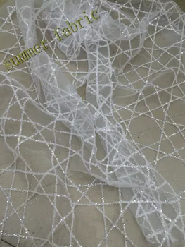 

White African tulle lace material for sewing French net lace fabric with glitters S777 for evening wedding dress
