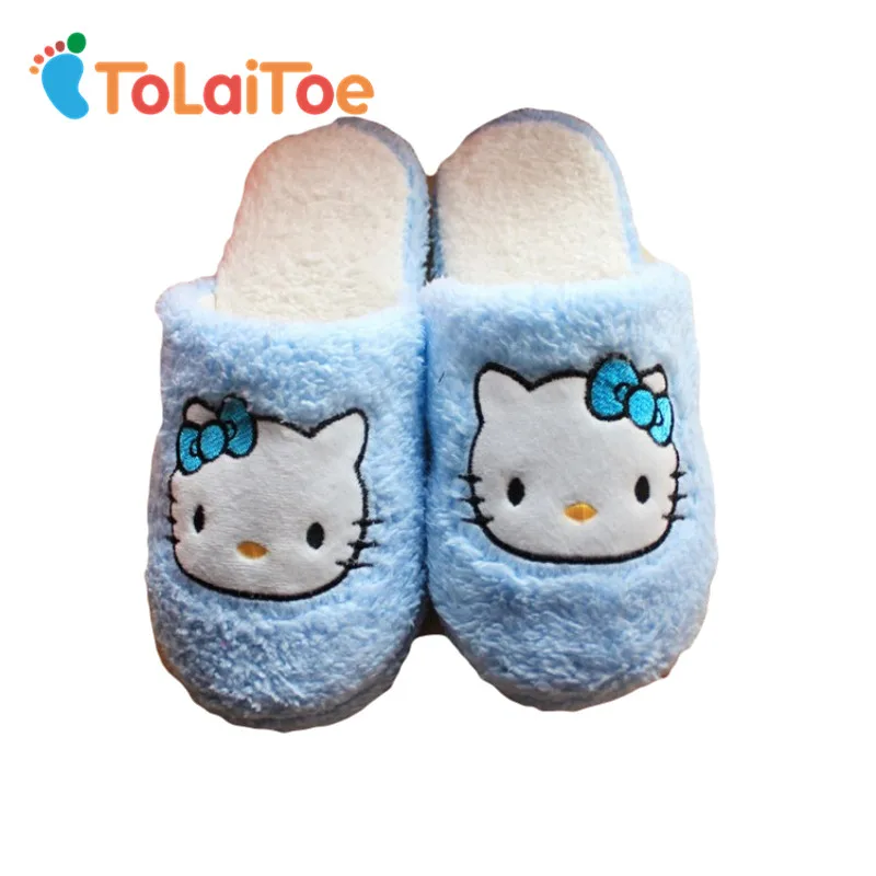 ToLaiToe Мультфильм тапочки из хлопчатобумажной ткани розовый/синий Холле kitty мягкой подошве зимой тепло женщин плюс плотный бархат хлопковые нескользящие тапочки - изображение