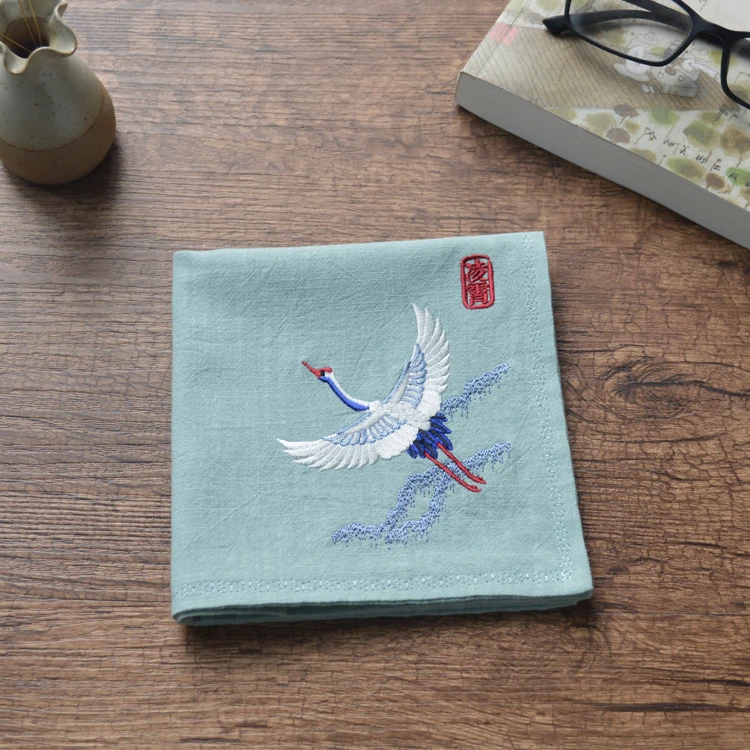  Men's Crane Crane Embroidered Flower Ancient Chinese Wind Embroidery Nostalgic Handkerchief Tea Tow