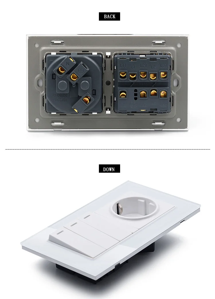 Кнопочный переключатель с ЕС разъемом типа 16A Германия розетка, розетка с панелью из белого прозрачного стекла AC110V~ 250 В настенный светильник переключатель