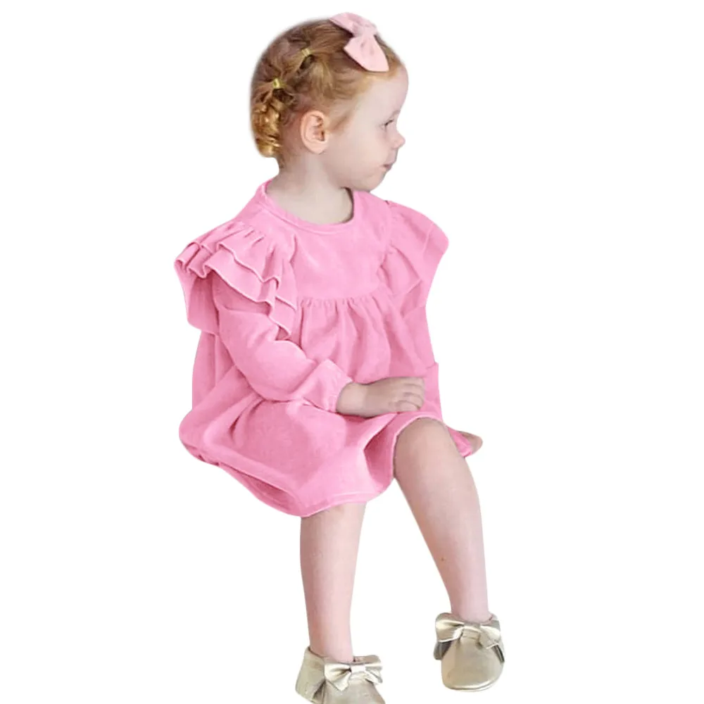 LONSANT/новое платье для маленьких девочек осеннее милое однотонное платье с длинными рукавами и оборками по колено зимняя одежда платье принцессы для девочек