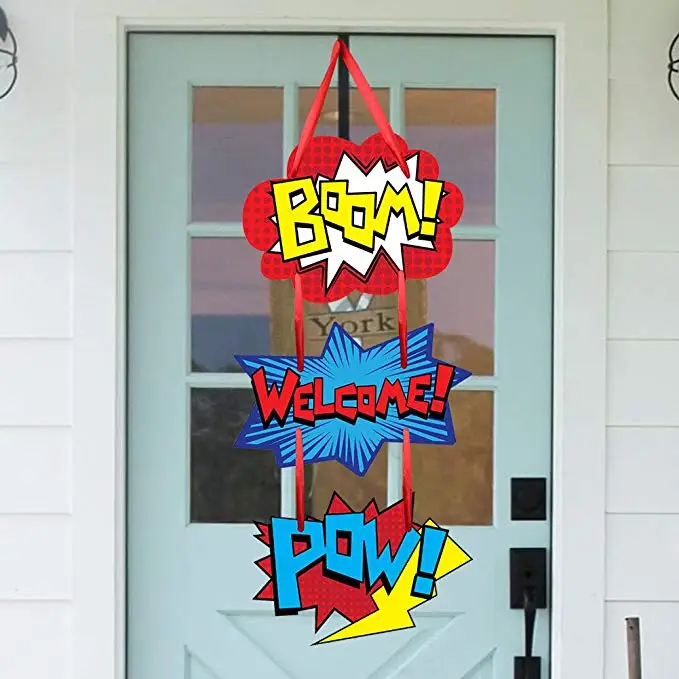 

Superhero Themed Door Sign Boom Pow Room Hanging Welcome Hanger for Kid Birthday Party Decorations Favor