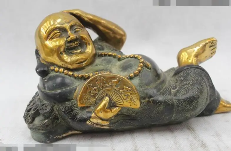 

song voge gem S6609 4"China Buddhism Folk Pure Bronze Lucky Money drawing Maitreya Buddha Statue