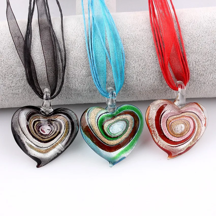 Murano Glass Heart Spiral Flower Inlaid Pendant 28mm Ribbon Necklace Jewelry