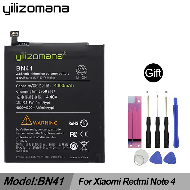 

YILIZOMANA High Capacity Phone Battery BN41 for Xiaomi Redmi Note 4 / Note 4X MTK Helio X20 4000/4100mAh with Cable Tools
