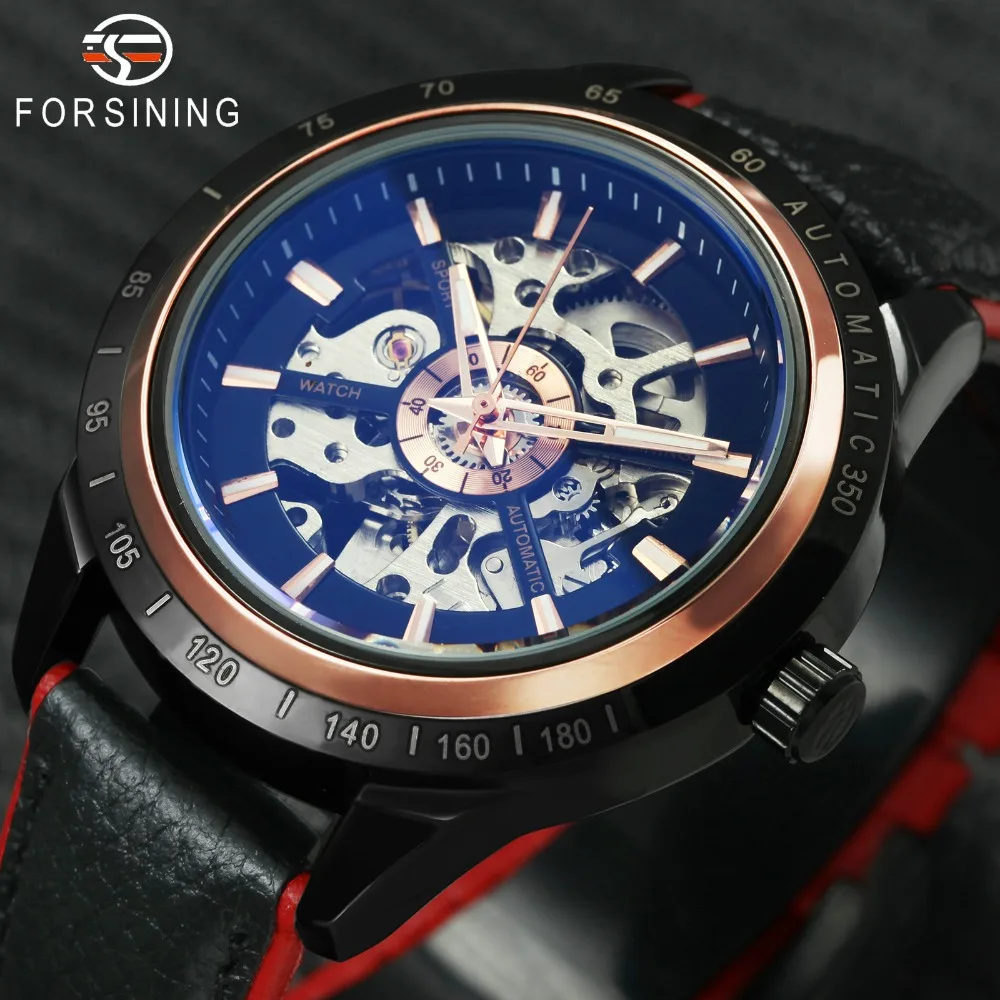 

FORSINING Top Brand Luxury Men Watch Contrast Color Genuine Leather Strap Skeleton Dial Blue Mirror Case Auto Mechanical Watches