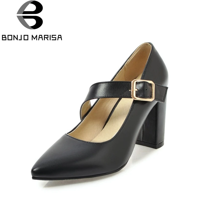

BONJOMARISA Women's Pointed Toe Square High Heels Buckle Up Party Wedding Shoes Woman Office White Black Pumps Big Size 32-43