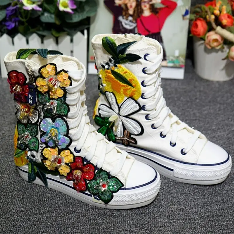 

Spring summer fashion canvas shoes woman handmade NI028 colorful flowers decoration girls sweet canvas casual flats shoe