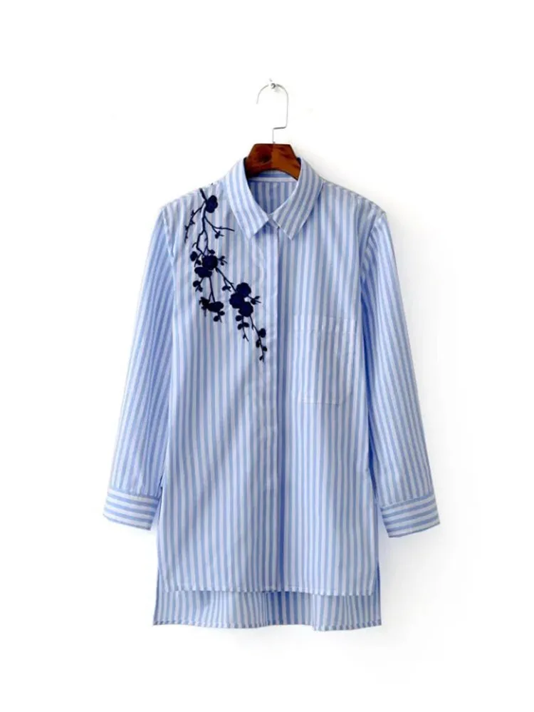 2016 Autumn Women Blue Stripe Embroidered font b Blouses b font Long Sleeve font b Shirt