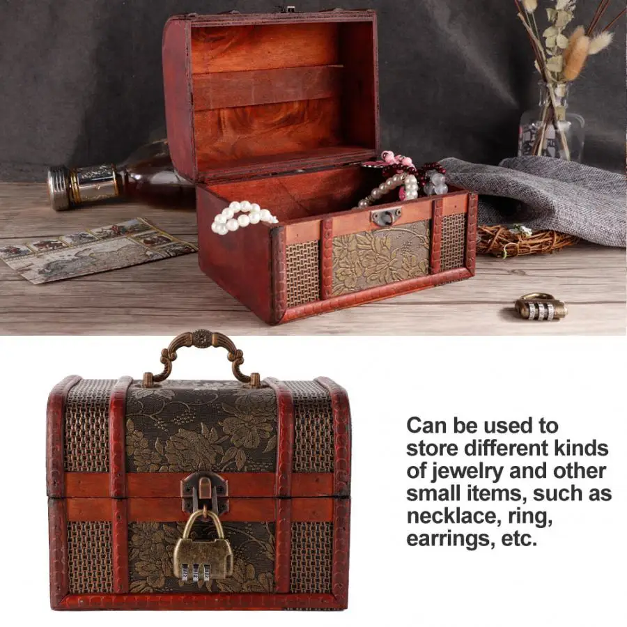 

Vintage Retro Wooden Jewelry Storage Box Ring Necklace Organizer Case Casket with Coded Lock High Quality Cinnabar Jewelry Box