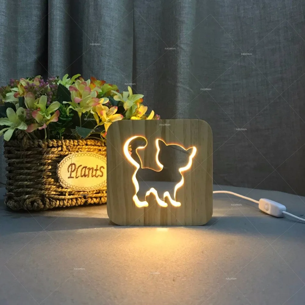 Мультяшные милые животные мини 12 см X 12 см деревянные ночные светильники выдалбливают дизайн теплый белый Освещение USB как подарок для детей домашний декор