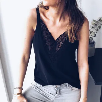 

2019 Lace Vest Top Women V-Neck T-shirt Tank Tops Ladies Summer Loose Casual Vest Tee Shirt Singlet Tops