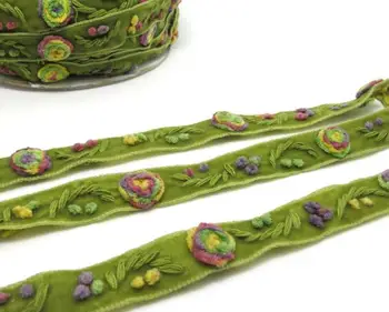 

Yarn Flowers Embroidered on Green Velvet Ribbon|Floral Trim|Soft Velvet|Sewing|Quilting|Craft Supplies|Hair Accessories