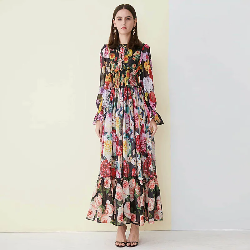 

Long Dress Maxi Plus Size High Quality New Women Fashion Party Sexy Boho Beach Vintage Chic Flower Print Stretch Chiffon Dresses