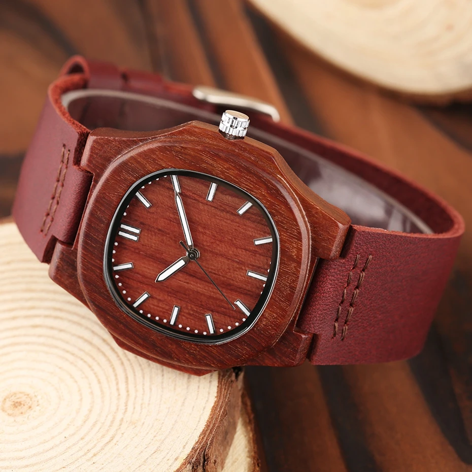 Men Women Wooden Watch Creative Round Shape Dial Light Wood Case Genuine Leather Band Bamboo Wood Clock Male Reloj de madera TOP 2017 (44)