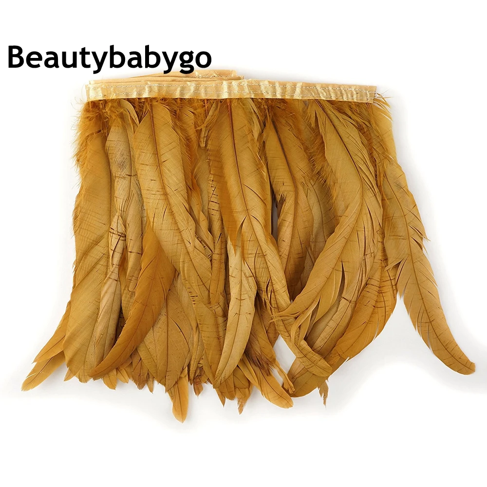 

2 yard/lot 30-35cm Gold Rooster Tails Feather Trims Finges Strips Natural cock feathers strungs Lace for dress jewelry accessory