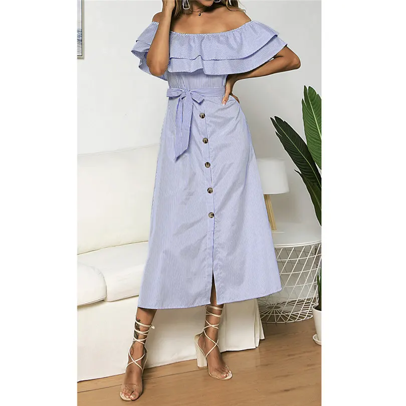 Plus Size New Fashion Women Summer Casual Daily Sexy Off Shoulder Button Dress Short Sleeve Slash Neck Striped Dress #4A18 (9)