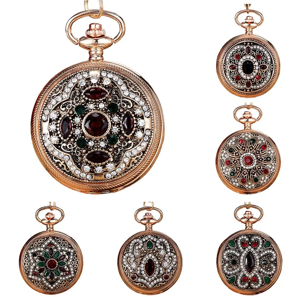 

2018 Popular Brand Luxury Women's Vintage Carved Multicolor Rhinestone Inlaid Luxury Pocket Watch Gift new