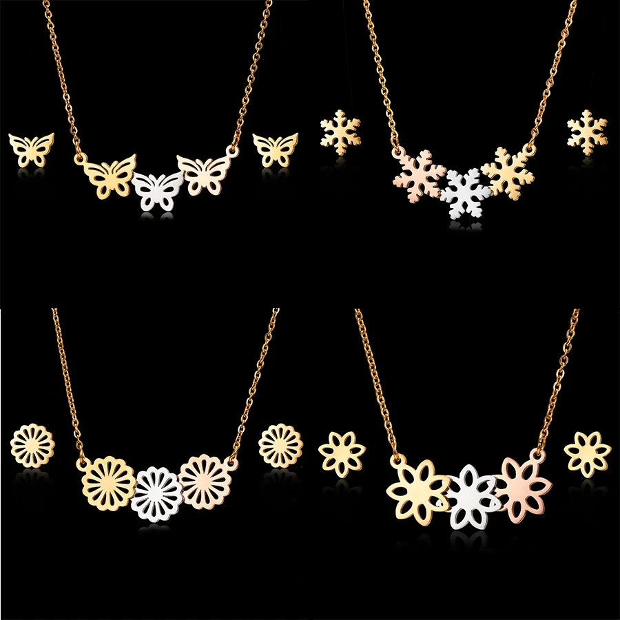 

3Colors Stainless Steel Snowflake Necklace Earrings Sets Jewelry Set Gift for Women Hollow Out Flower Heart Pendant Necklace Set