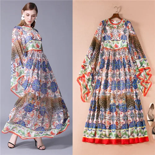 

high street elegant italian style casual boho women long maxi dress autumn 2018 floral printed leopard flare dresses chiffon xl