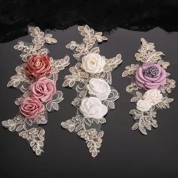 

lace 3D flower rhinestone patch apliques de roupa crystal rhinestone applique sew on patches for clothing para vestuario