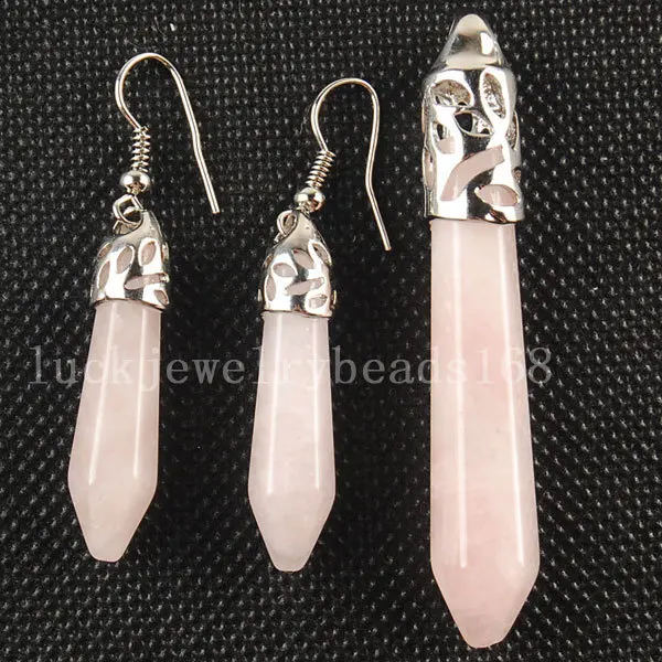 

Free Shipping Women Fashion Jewelry Pink Quartz Pendant Earrings Pair Set C3110