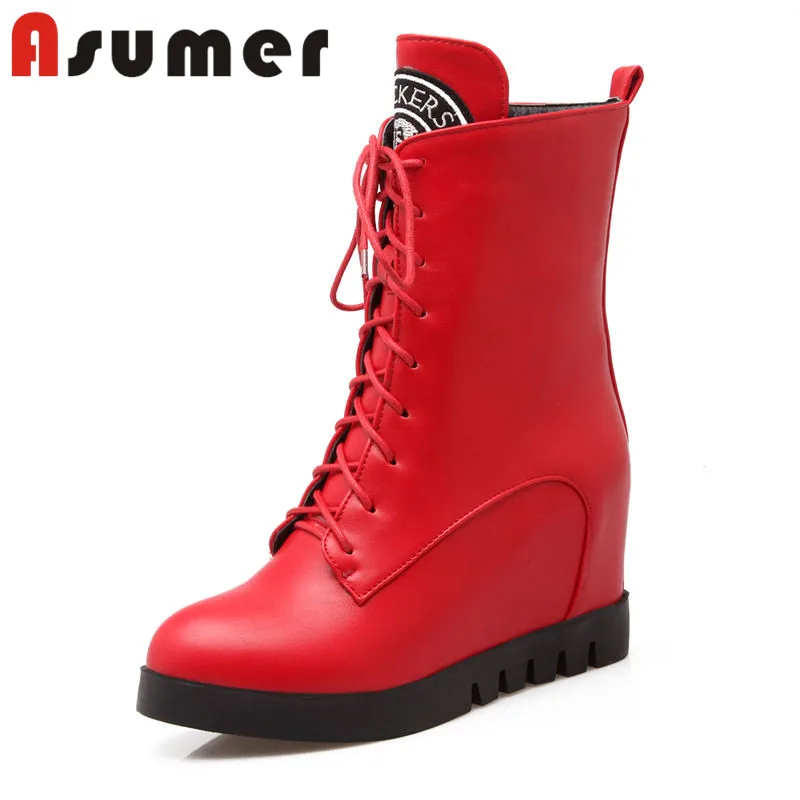 

ASUMER 2018 NEW ARRIVE round toe wedges ankle boots for women cross tied solid high heels boots zip fashion pu winter boots