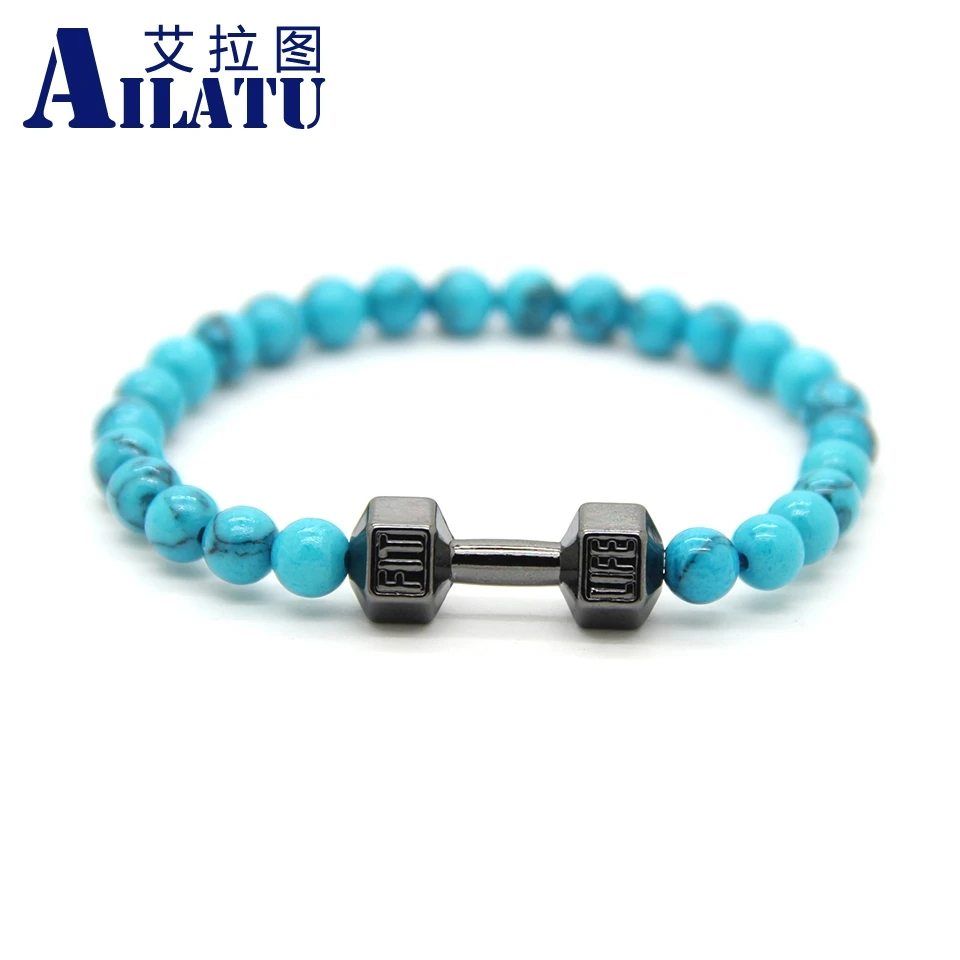 

Ailatu Powerful Jewelry for Sports Men's Gift Nice Created Blue Stone Beads with Alloy Fitness Dumbbell Bracelet