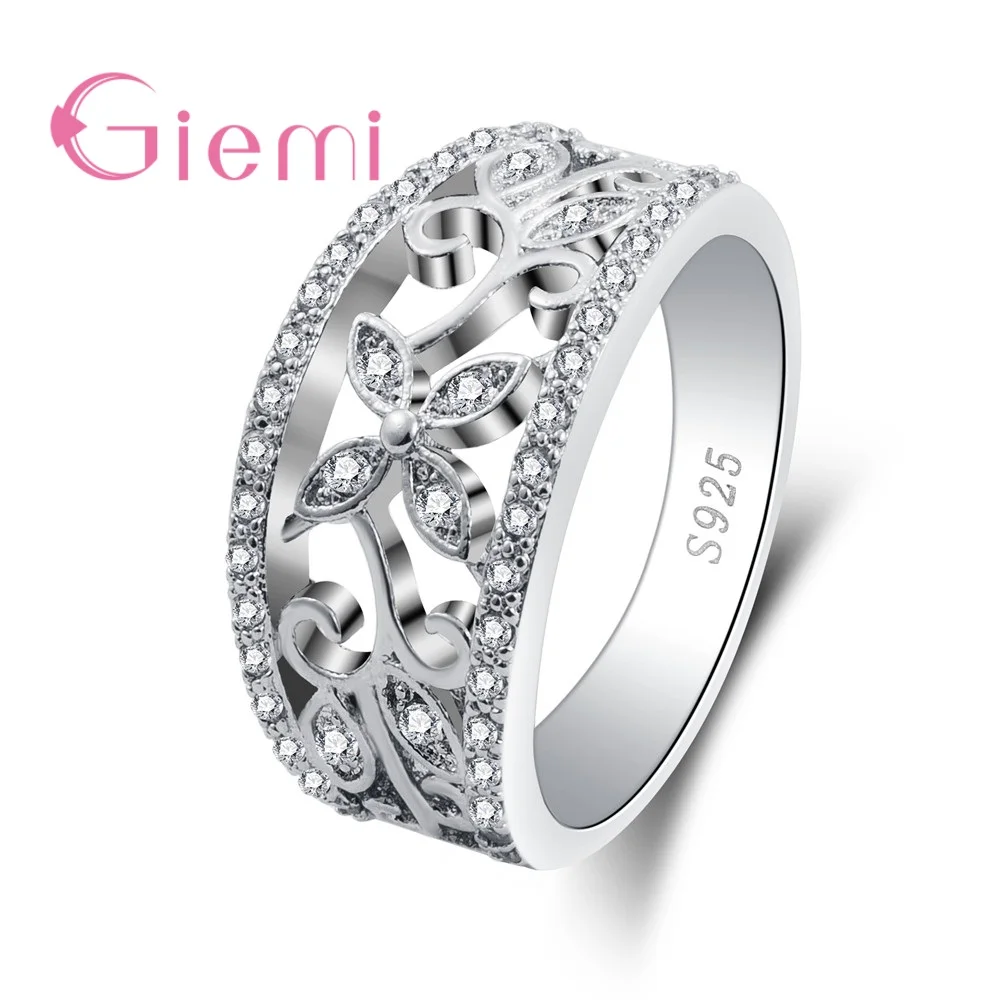 

Real 925 Sterling Silver Lovely Dazzling Finger Ring For Women S925 Silver Luxury Wide Hollow Design Party Jewelry Hot Sale