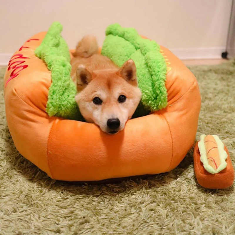 Funny Hot Dog Dog Bed Pet Cat Sofa Cushion Soft& Cozy Cat House Sleeping Bag Puppy Nest Kennel for Small Medium Pet Supplies