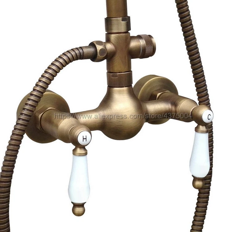 Antique Brass Wall Mount 8 inch Bathroom Shower Faucet Mixer Taps Dual Handle with Hand Held Shower Nan512