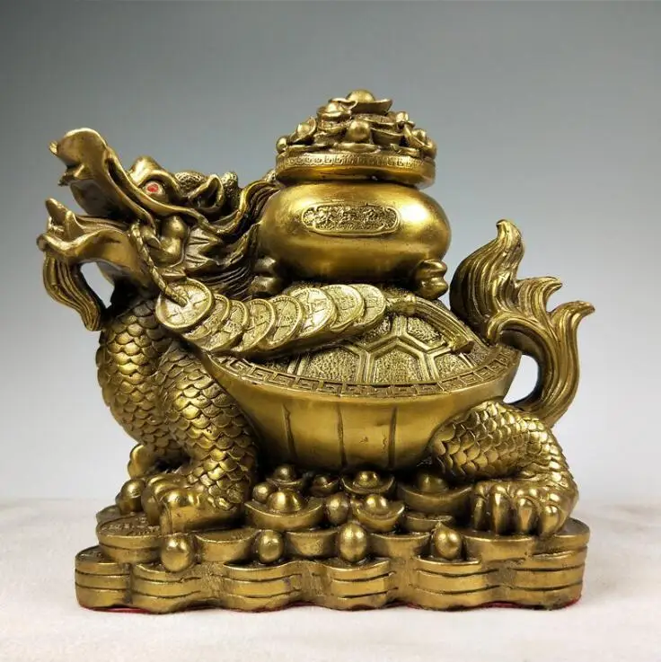 

China Dragon Turtle Tortoise Cornucopia Ingot Copper Cash Lucky Bronze Statue