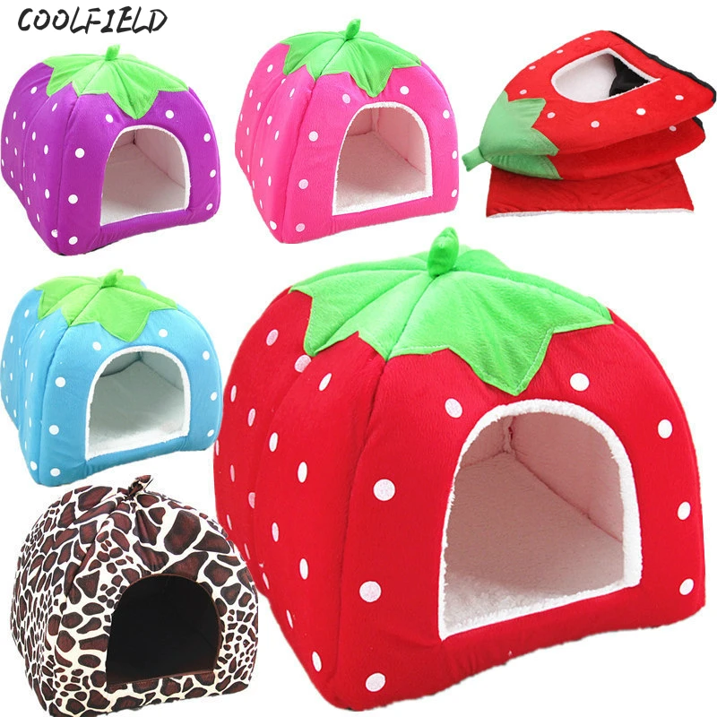 

2017 Dog House Soft Strawberry Pet Dog Bed Cat Rabbit Bed House Kennel Doggy Warm Cushion Basket Colors Leopard for Small/Large