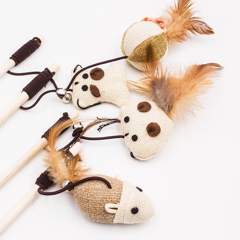 

New Popular Pet Cat Toy Cartoon Fish Mouse Feather Cute Design Bird Feather Plush Pet Toy Cat Stick Interaction Play Pet Toys